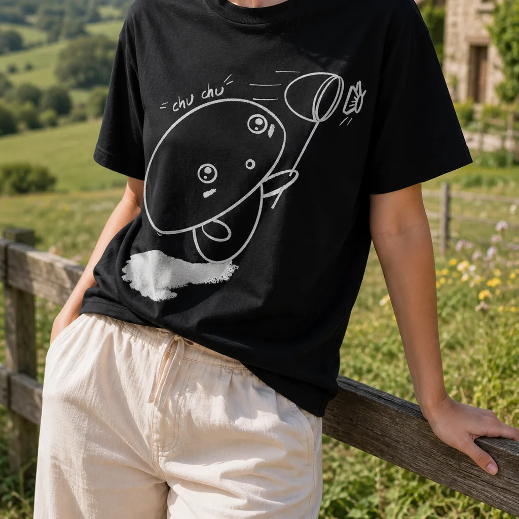 ちょうちょハンターのうちきちゃんがプリントされた黒いTシャツを着た女性、農場の柵にもたれて