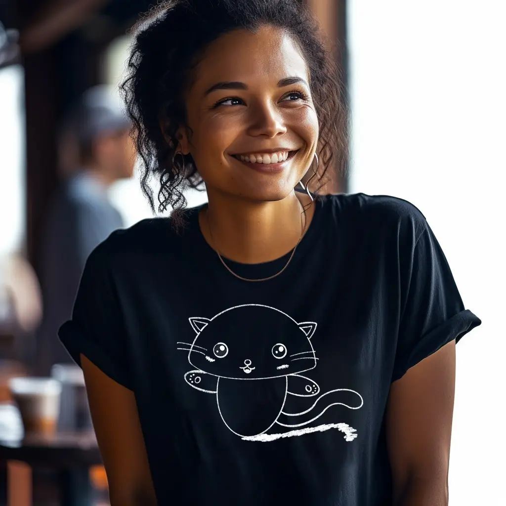 ねこのうちきちゃんの黒いTシャツを着て笑う女性