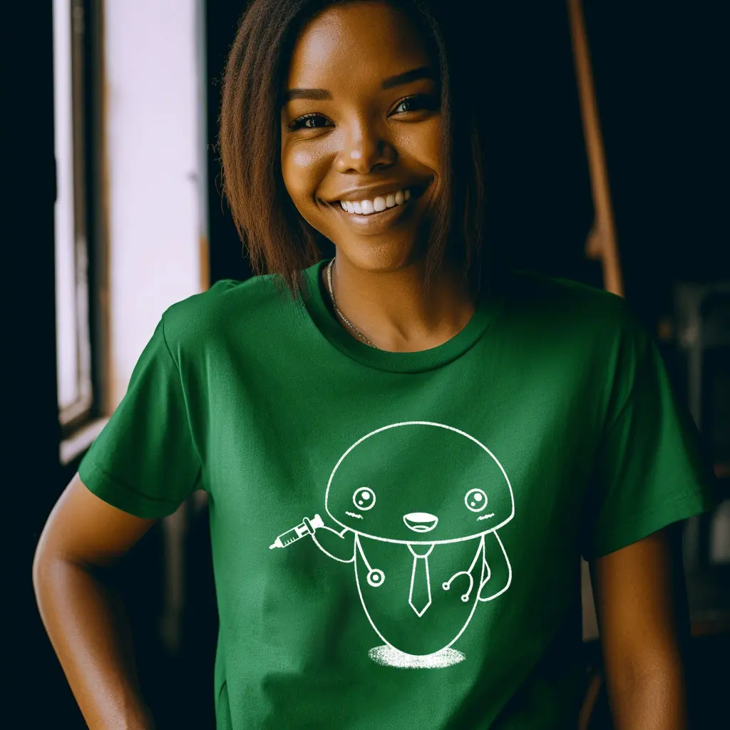 おいしゃさんのうちきちゃんがプリントされた緑のTシャツを着た女性