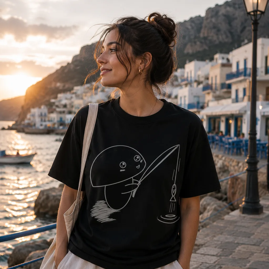 つりのうちきちゃんがプリントされた黒いTシャツを着た女性、地中海の港町を背景に