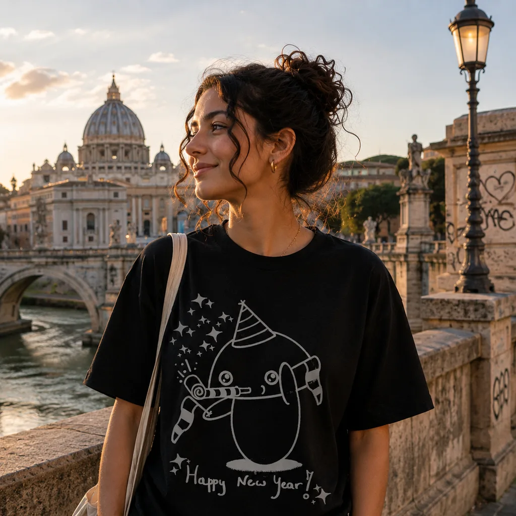 よいお年をのうちきちゃんがプリントされた黒いTシャツを着た女性、ローマの橋の上で