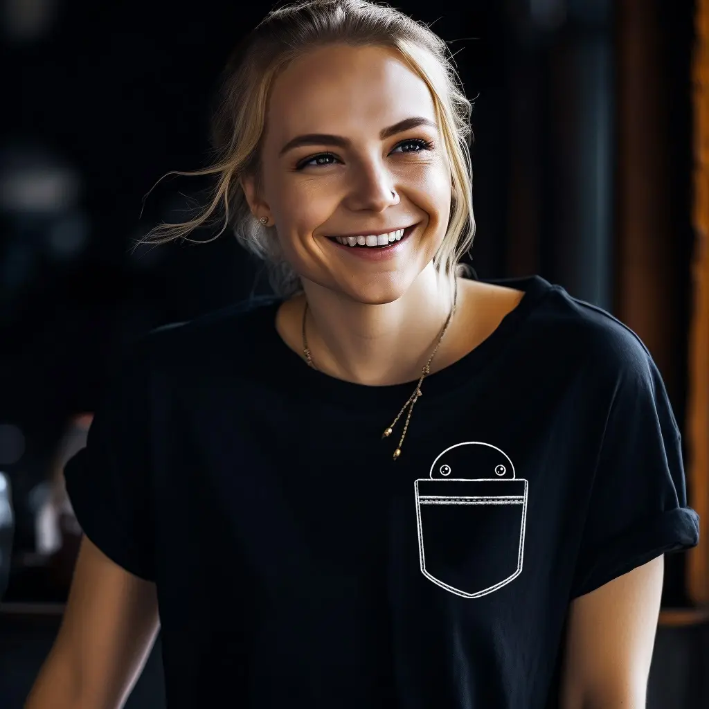 胸ポケットからうちきちゃんがのぞく黒いTシャツを着た女性