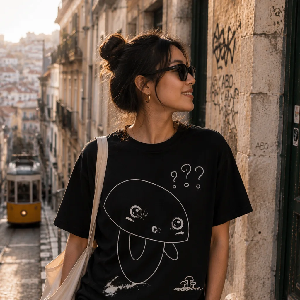 きのこのかおのうちきちゃんがプリントされた黒いTシャツを着た女性、坂道の旧市街を背景に