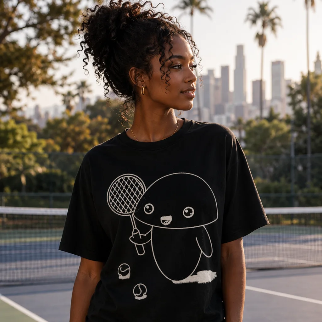 テニスをするうちきちゃんがプリントされた黒いTシャツを着た女性、テニスコートで